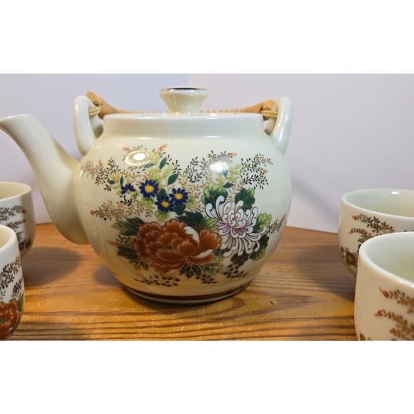 Japan Teapot 6 cups Set White Mod Flower Design Bamboo Handle OMC - Picture 7 of 14